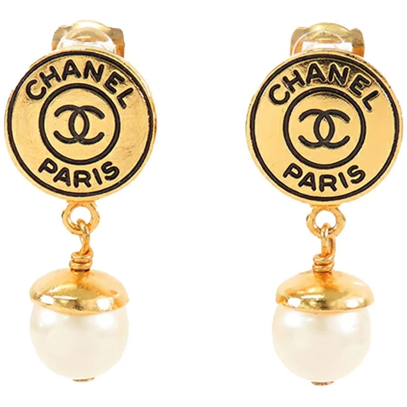 Chanel Creolen CC Gold Plated Faux Pearl Drop Clip On Earrings gold