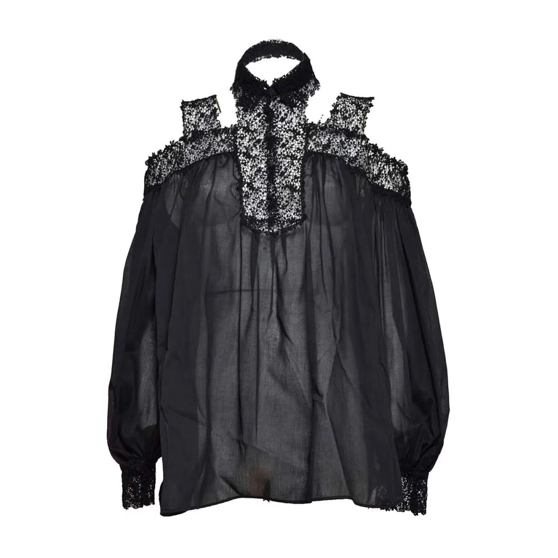 Thumbnail - Ermanno Scervino - Black Silk Blouse With Floral Lace Inserts - Größe 40 - schwarz