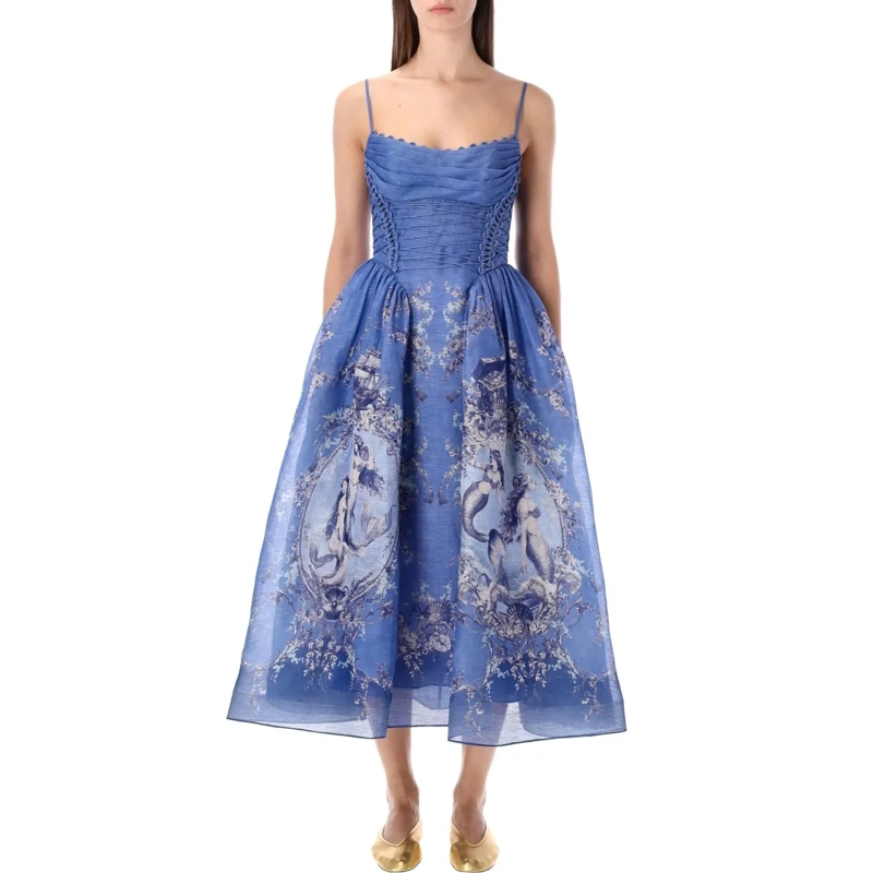 Zimmermann Midi-jurk Rebellion Silk-Linen Midi Dress With Structured Co Blue