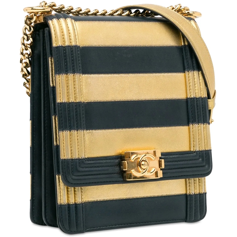 Chanel Schultertasche Paris New York Metallic Lambskin Striped North Sou gold