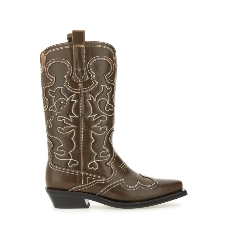 GANNI Cowboy Boots Embroidered "Western" Boot Brown