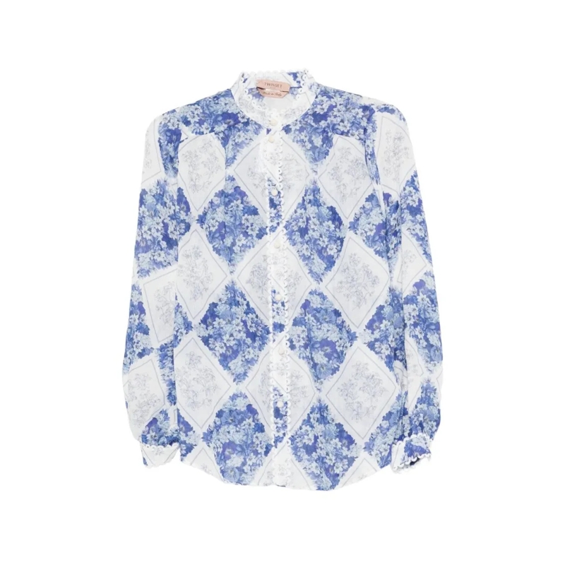 Twin-Set Chemisier Floral Diamond Pattern Ramie Shirt With Scalloped  White