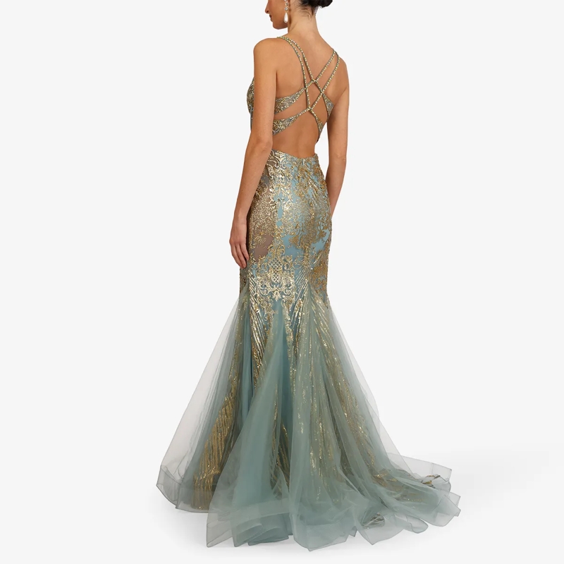 Kraimod Abendkleid Elegantes Abendkleid mit tiefem V-Ausschnitt und s türkis-gold(Image 4)