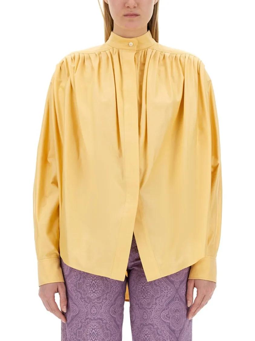 Thumbnail - Etro - Pleated High Collar Cotton Poplin Blouse - Größe 40 - gelb