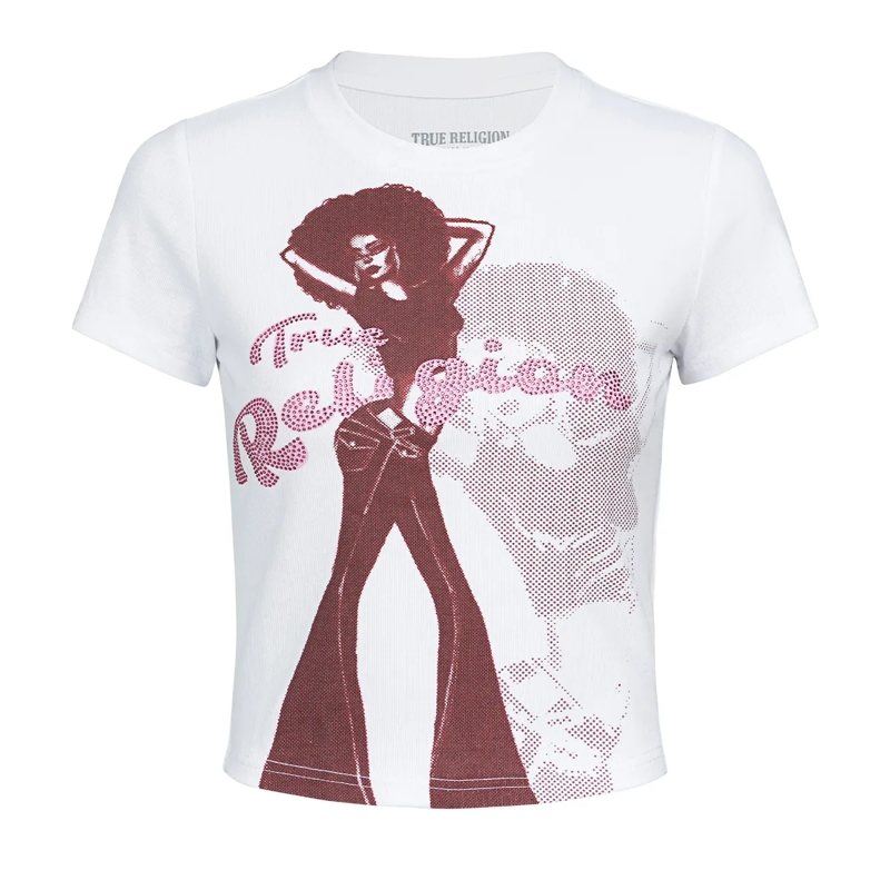 True Religion T-Shirt - Baby Tee- Markanter Grafikprint auf Front- Ret weiss