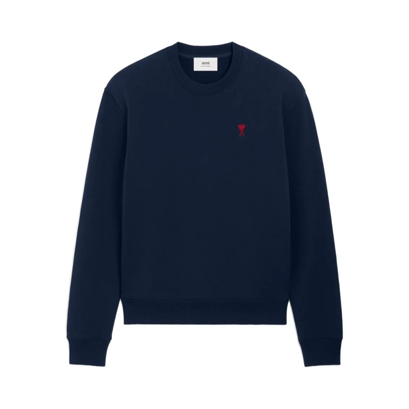 AMI Paris Trui Navy Blue Cotton Jersey Sweater With Monogram Moti Black