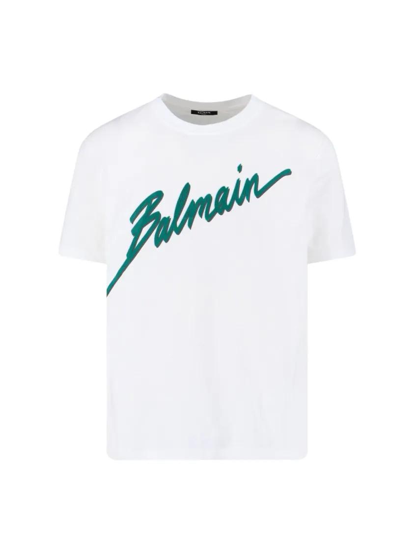Thumbnail - Balmain - Crew Neck T-Shirt With Bold Green Logo Print - Größe M - weiß