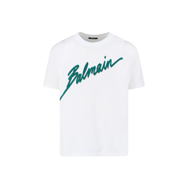 Tシャツ・カットソー Balmain Crew Neck T-Shirt With Bold Green Logo Print Balmain Crew Neck T-Shirt With Bold Green Logo Print White