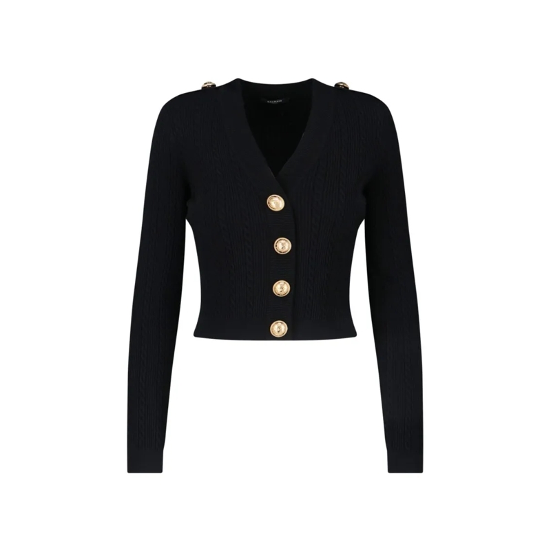 Balmain Strickjacke Structured Shoulder Black V-Neck Cardigan With Dec Black