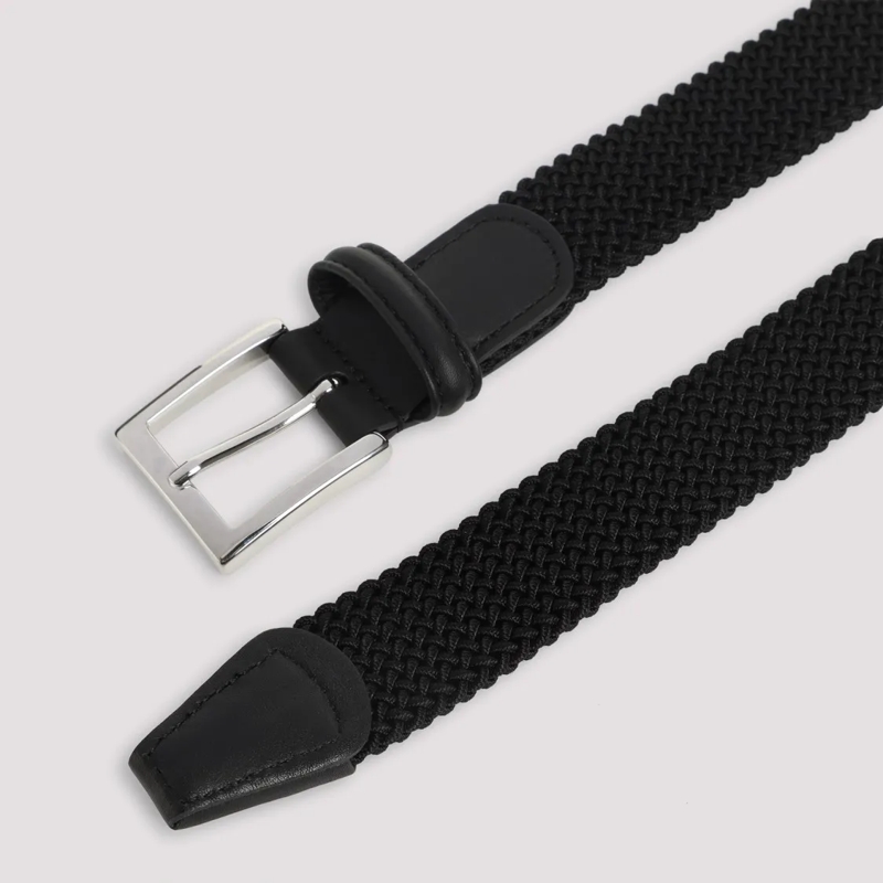 Kiton Riem Woven Elastic Strap Belt With Leather Accents Black