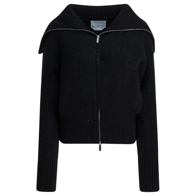 Sa Su Phi Veste de transition Textured Knit Jacket With Wide Collar And Front Zi Black