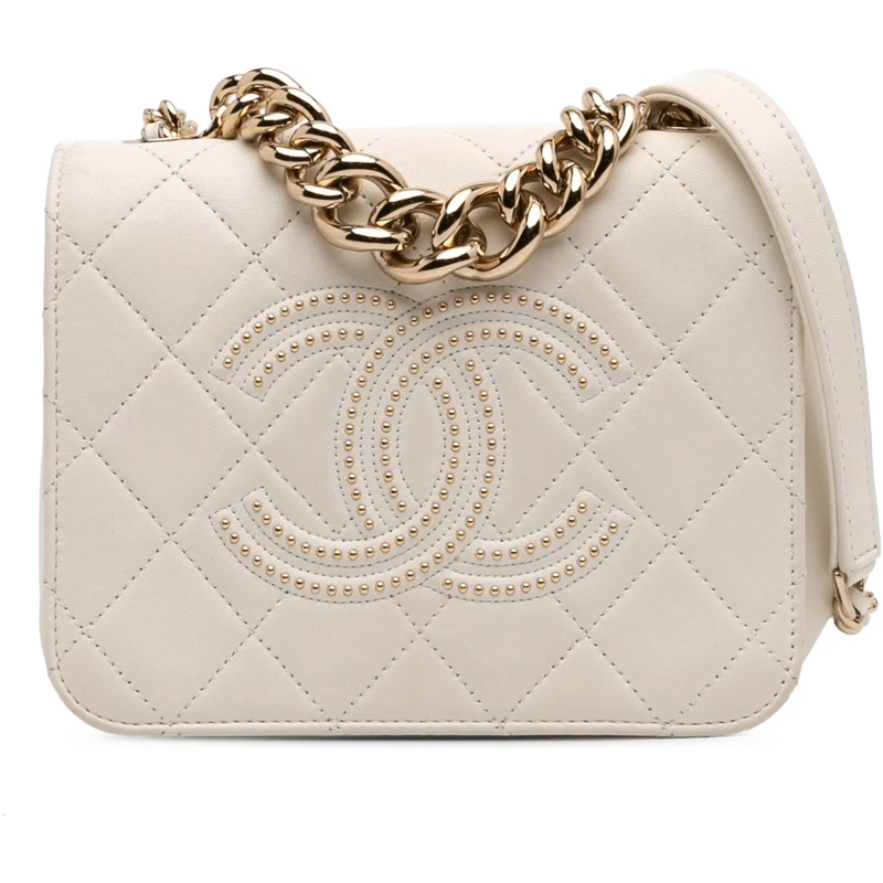 Chanel Sac à bandoulière Quilted Lambskin Studded Beauty Begins Flap weiß