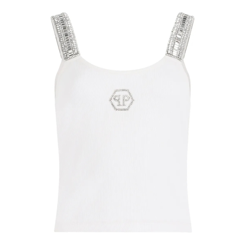 Philipp Plein Top Rib Tank Top Strass Hexagon weiss