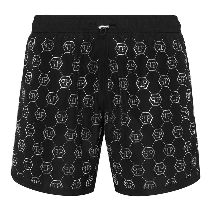 Philipp Plein Shorts Mittellange Badeshorts aus Stoff mit hexagonalen S schwarz