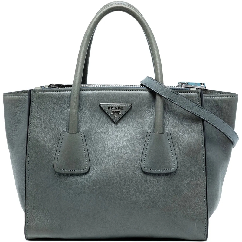 Prada Schultertasche Small Glace Calf Twin Pocket Satchel grau