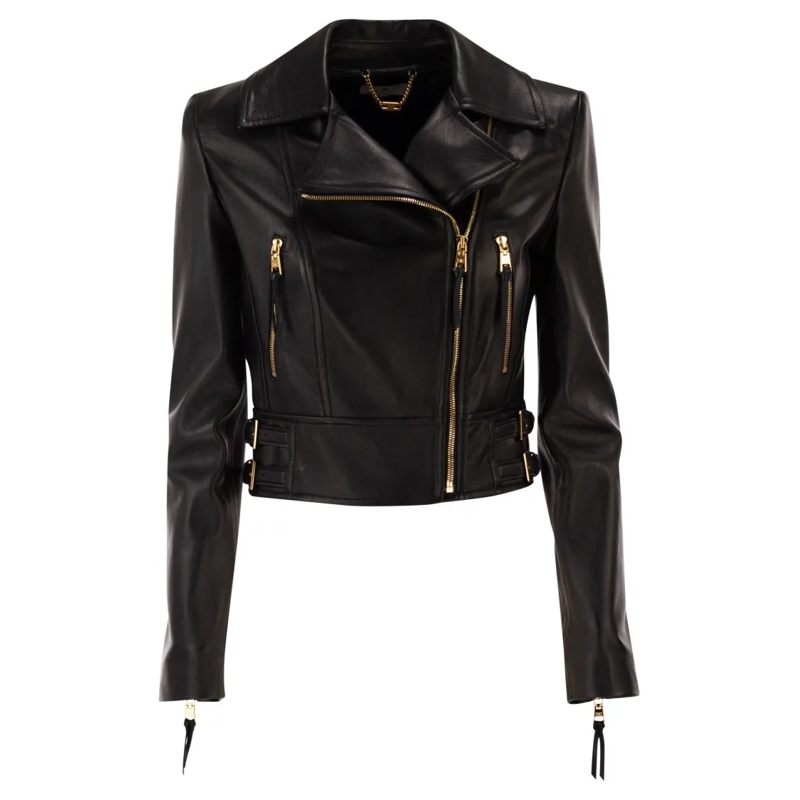 Elisabetta Franchi Leren jas Classic Leather Biker Jacket With Structured Shoul Black