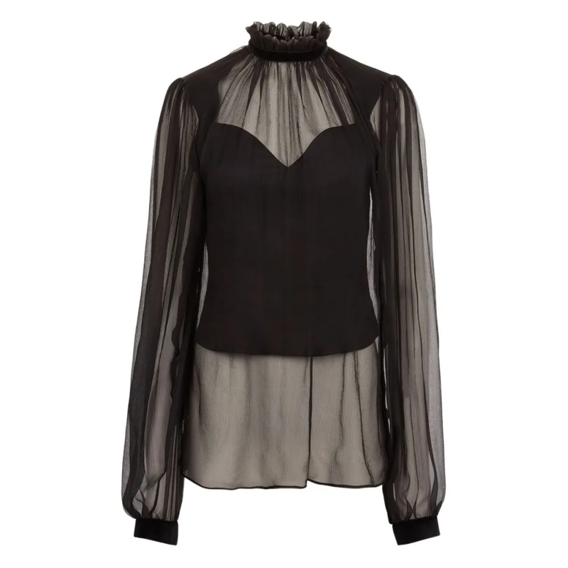 Nina Ricci Blouse Black Ruffled High Neck Top Black