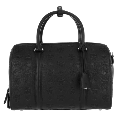 MCM Essential Monogrammed Leather Boston Medium Black Bowling Bag