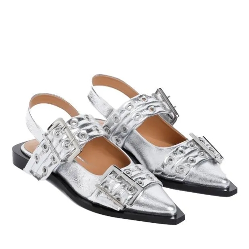 GANNI Feminine Buckle Metallic Silver Polyester Ballerin Silver Pantofola ballerina