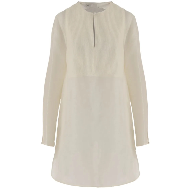 Tory Burch Midi-jurk Ivory Linen-Silk Blend Dress With Mandarin Collar Neutrals