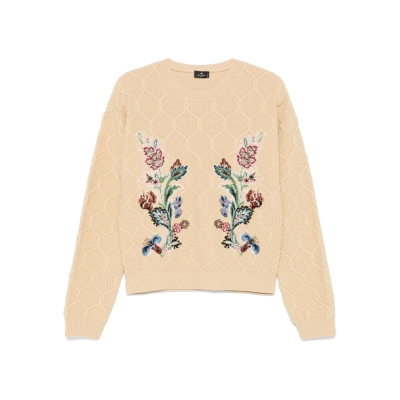 Etro Trui Beige Knit Sweater With Floral Embroidery Neutrals