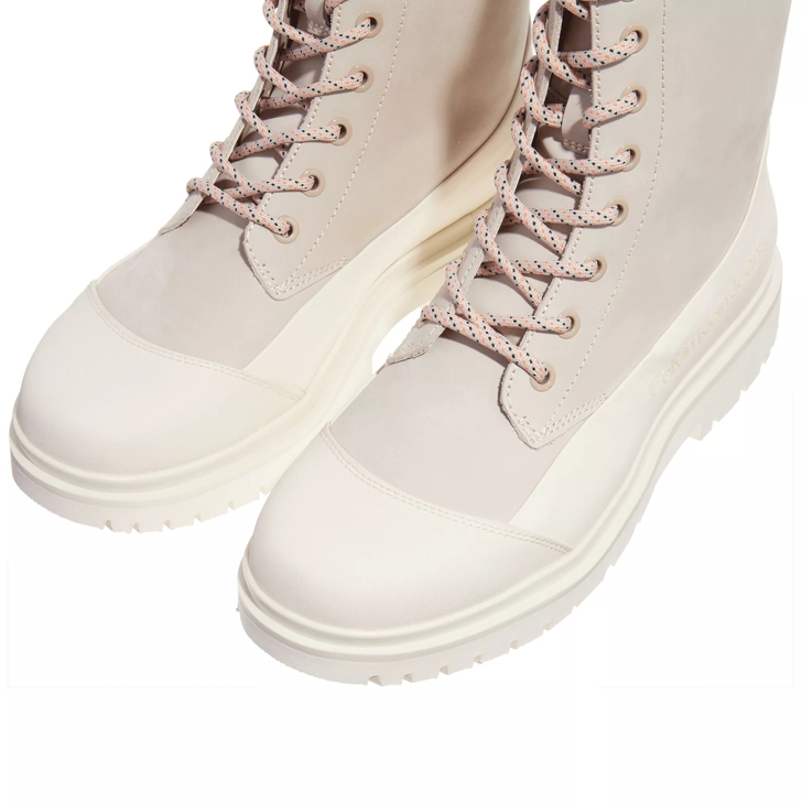 White lace store up chunky boots