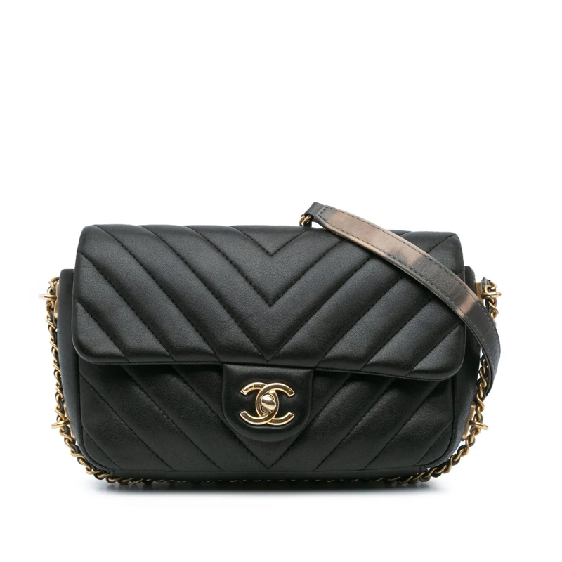 Chanel Sac à bandoulière Mini Rectangular Chevron Lambskin Chain Around Fla schwarz