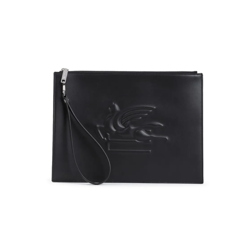 Etro Crossbody Bag Logo Embossed Black Leather Pouch Black