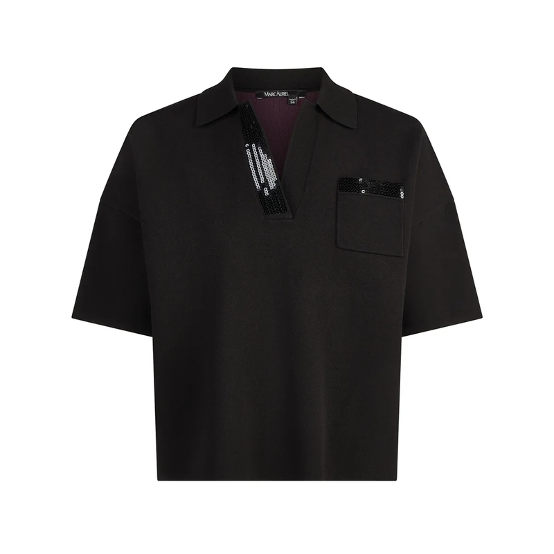 Marc Aurel Pullover Polo Pullover mit Pailletten-Details schwarz