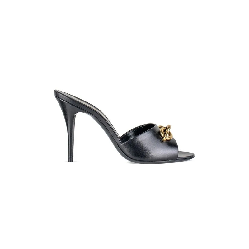 Saint Laurent Mules Black Leather Mules With Gold Chain Links Grey