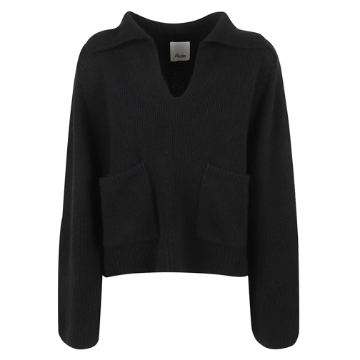 Allude Pull Black Cashmere Ribbed Knit Polo Sweater Black