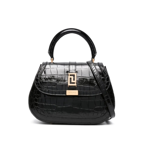 Versace Croc-Effect Greca Goddess Large Black Bag Black Crossbodytas