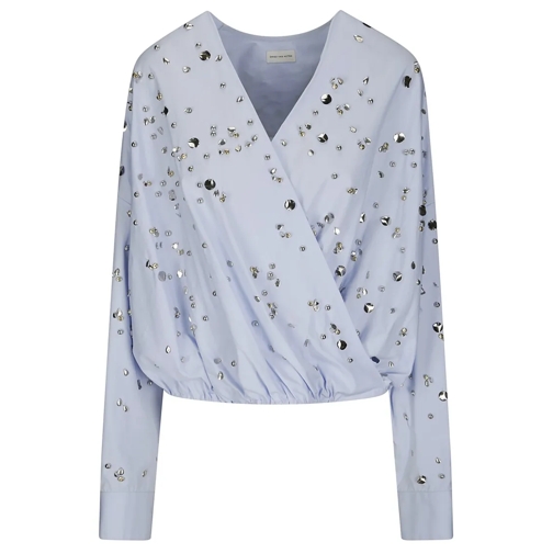 Dries Van Noten Chemisiers Cross Front Cotton Shirt Studded With Studs Blue