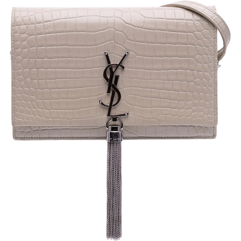 Saint Laurent Sac à bandoulière Croc Embossed Leather Monogram Kate Tassel Wallet  weiß