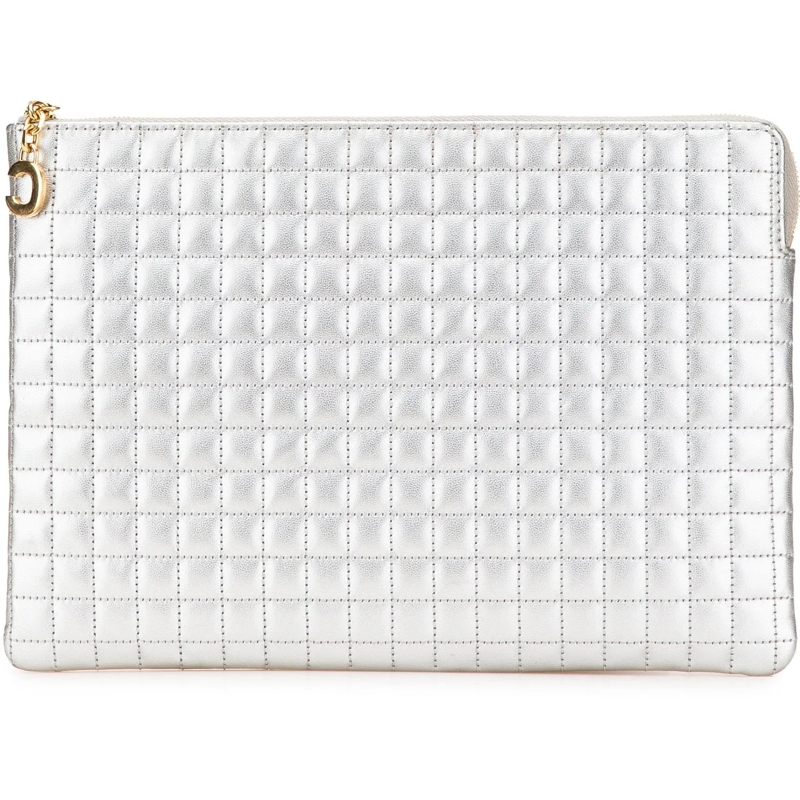 Celine Clutch Quilted Metallic Calfskin C Charm Pouch silber