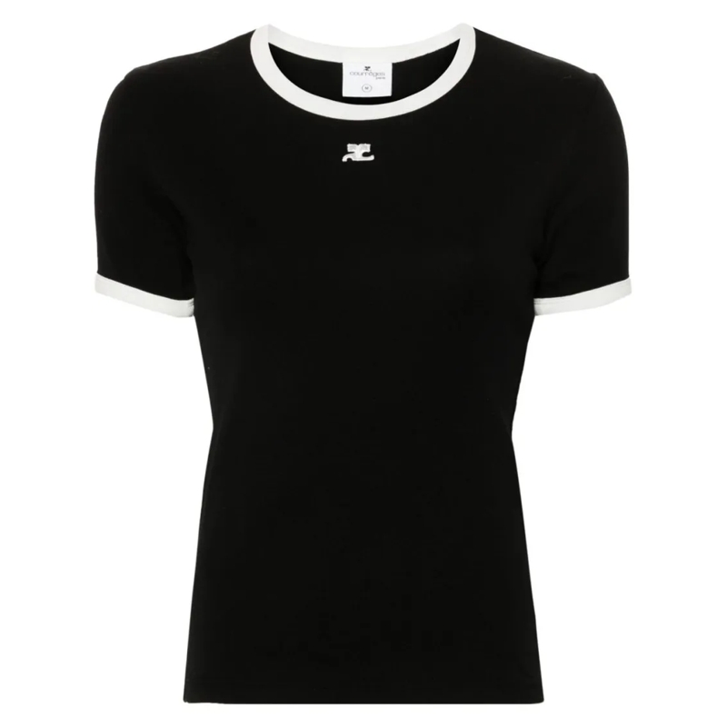 Courrèges T-shirt Fitted Black Top With Contrast Trim And Subtle Log Black