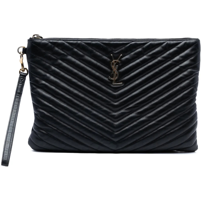 Saint Laurent Pochette Chevron Calfskin Monogram Zip A4 Pouch schwarz