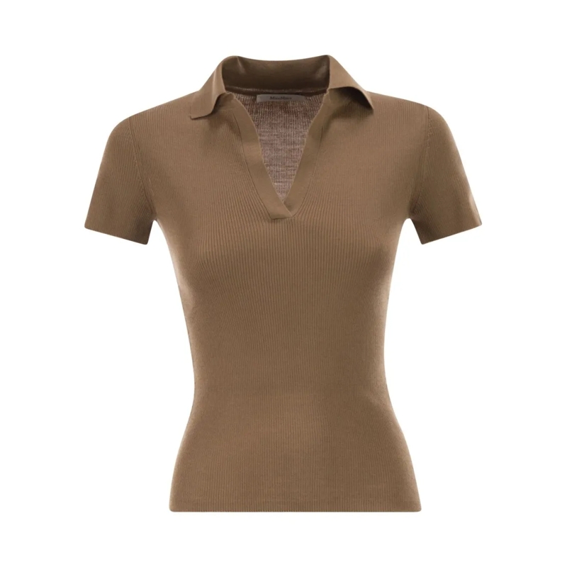Max Mara T-shirt Mxmalbero - Ribbed Wool Polo Shirt Brown