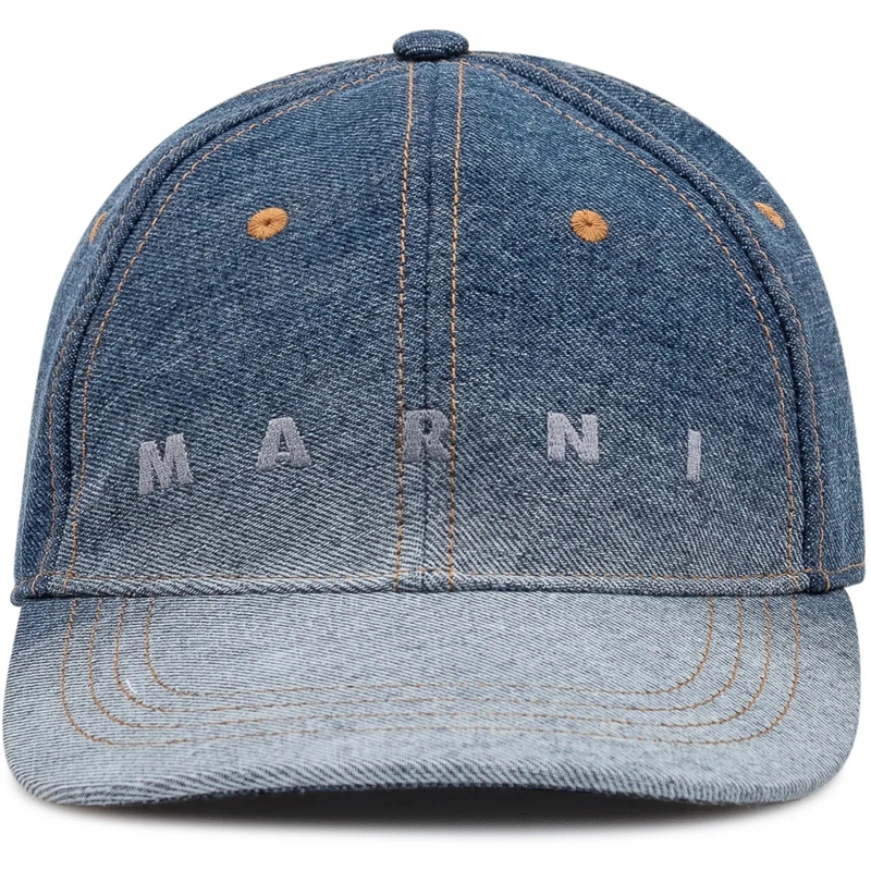Marni  Cappello Denim con Visiera Curva e Logo Ricamato blau