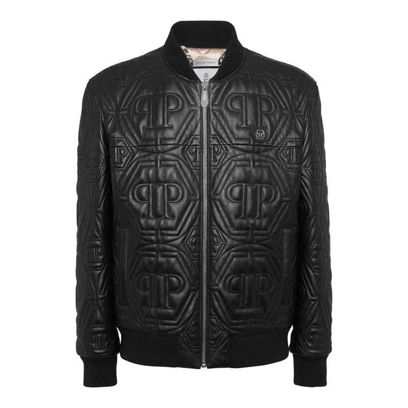 Philipp Plein Lederjacke Leder-Bomber Monogram schwarz