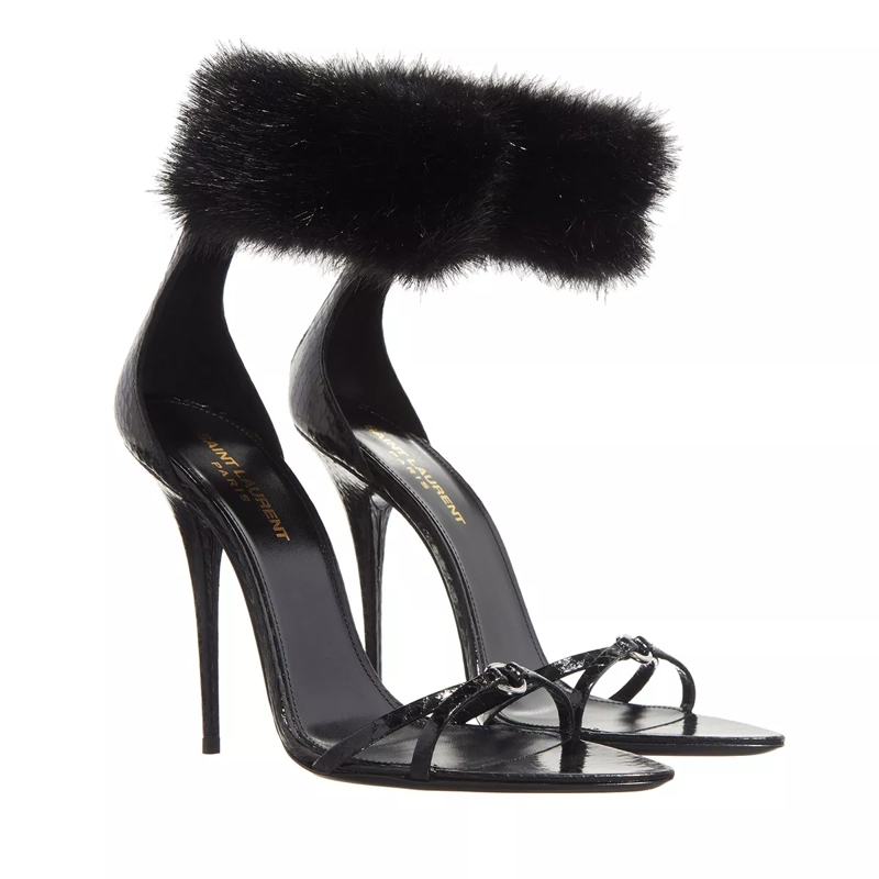 Saint Laurent Riemchensandalen Adorned With A Faux Fur Ankle Strap Black