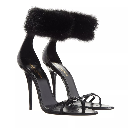 Saint Laurent Adorned With A Faux Fur Ankle Strap Black Strappy Sandal