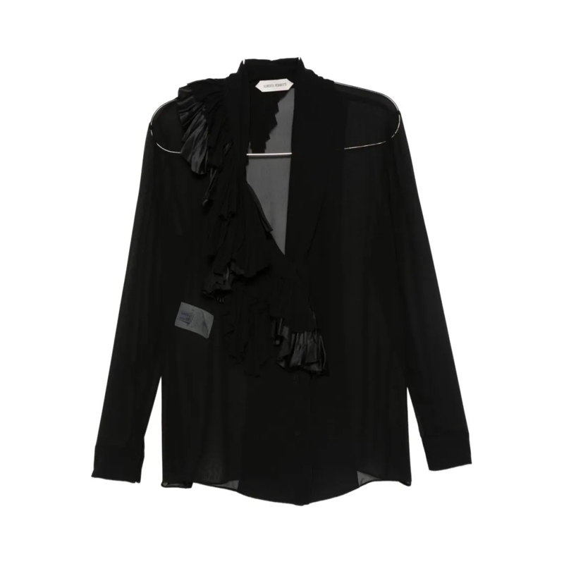 Alberta Ferretti Blouse Asymmetrical Ruffle Black Silk Blouse Black