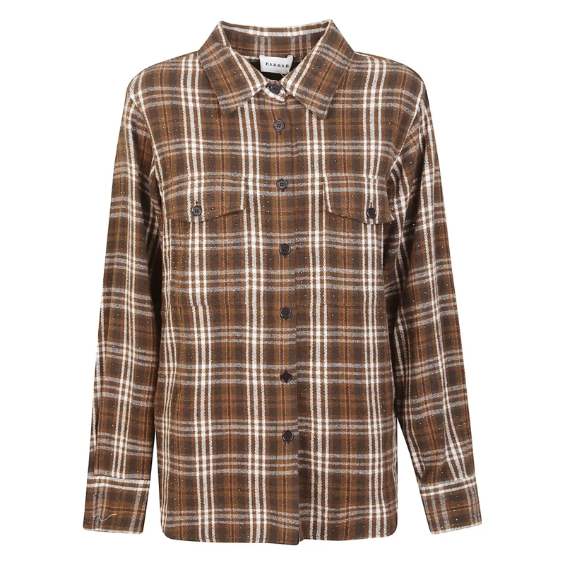 P.A.R.O.S.H. Chemise Brown Check Cotton Shirt With Rhinestone Embellish Brown