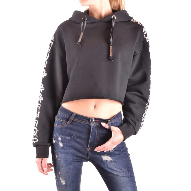 Philipp Plein  Cropped Black Hoodie With Gothic Text Grey