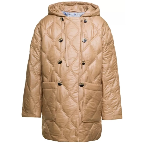 GANNI Beige Quilted Down Jacket With Hood In Recycled Ny Brown Daunenjacken
