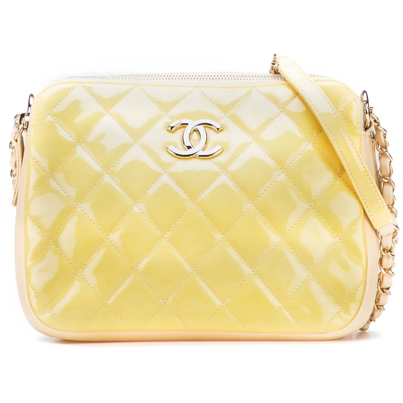 Chanel Schultertasche Quilted Patent Chain Double Zip Crossbody gelb