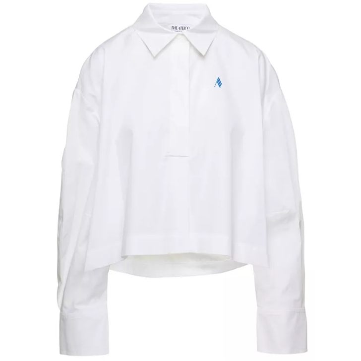 The Attico Jill White Cropped Shirt With Light Blue Logo Emb White