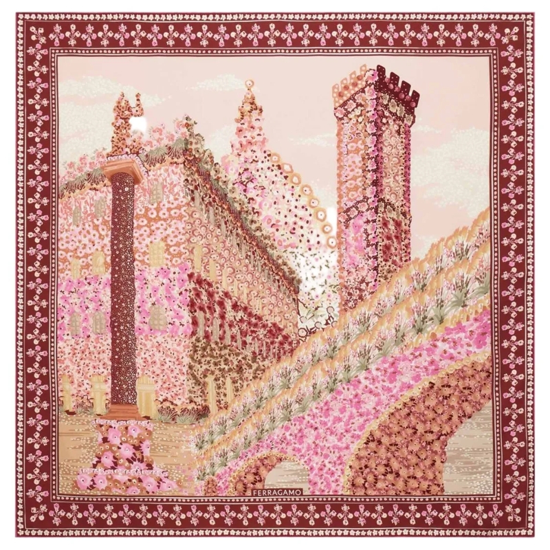 Salvatore Ferragamo Écharpe légère Palazzo Print Silk Scarf With Decorative Border Pink