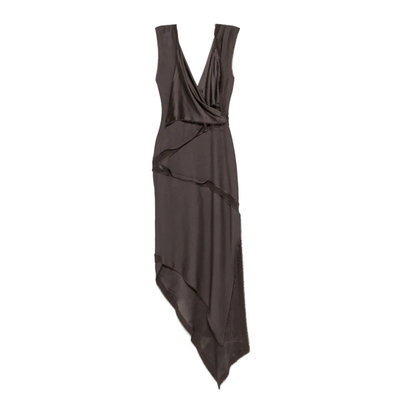 The Attico Midi-jurk Asymmetrical Midi Dress With Deep V-Neckline Brown